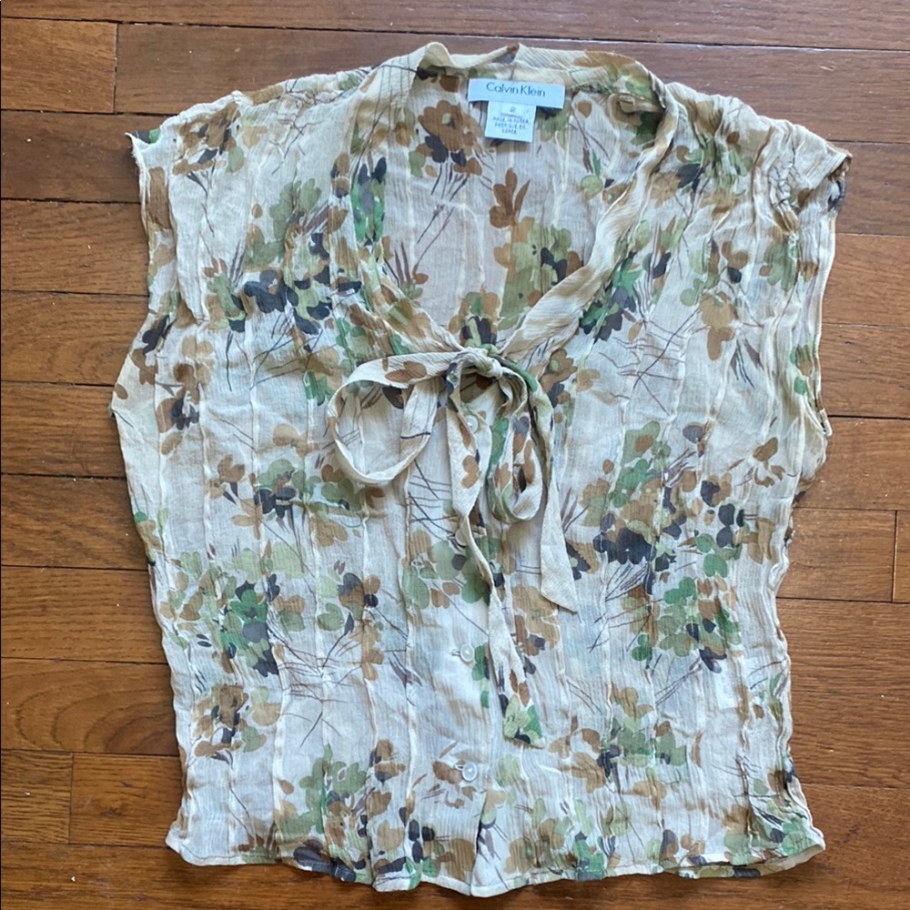 Calvin Klein Women's Floral Top - Green and Brown